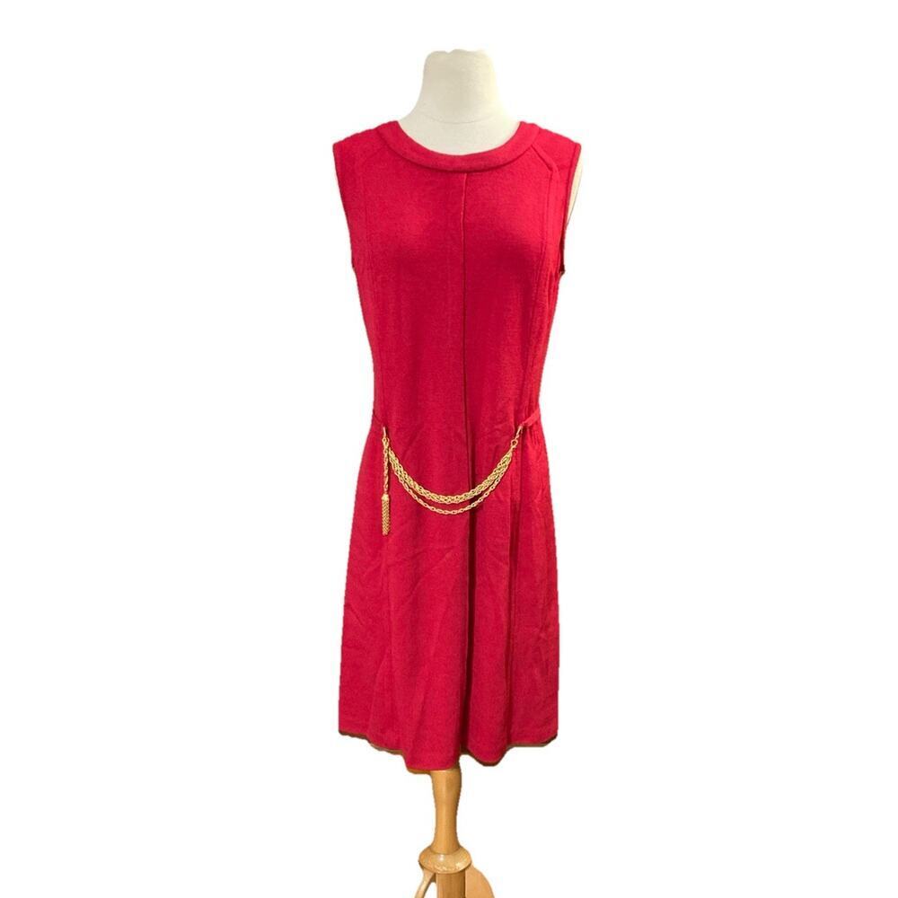 St. John Vtg Santana Knit Dress Women’s Sz 8 Red Gold Belt Knee Length Pockets 